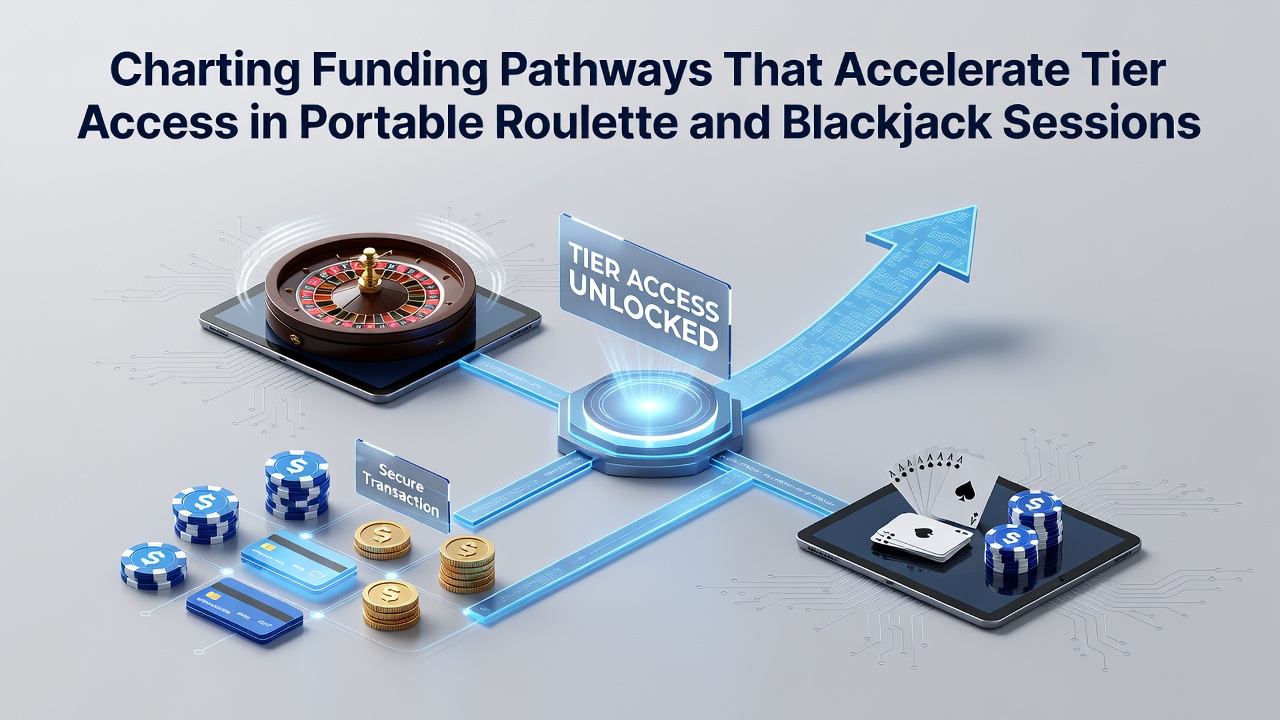 Mobile roulette and blackjack interface showing funding options and tier progress indicators