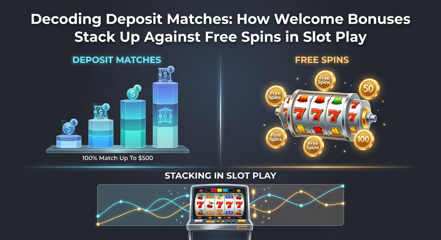 Graphic comparing deposit match bonuses and free spins icons on a slot machine background, highlighting wagering requirements and payout potentials