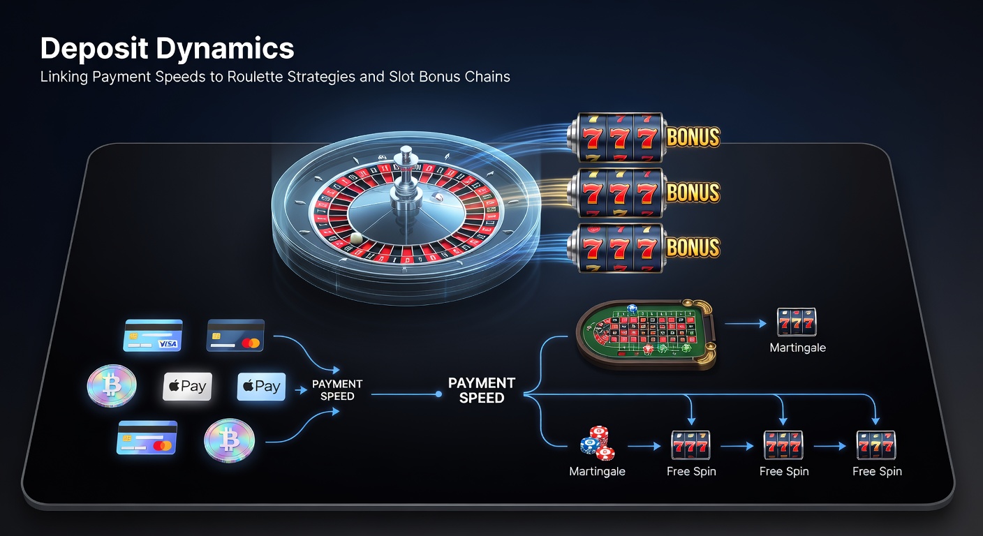 Digital graphic showing swift money transfers morphing into roulette wheels and cascading slot symbols, illustrating the link between fast deposits and game momentum