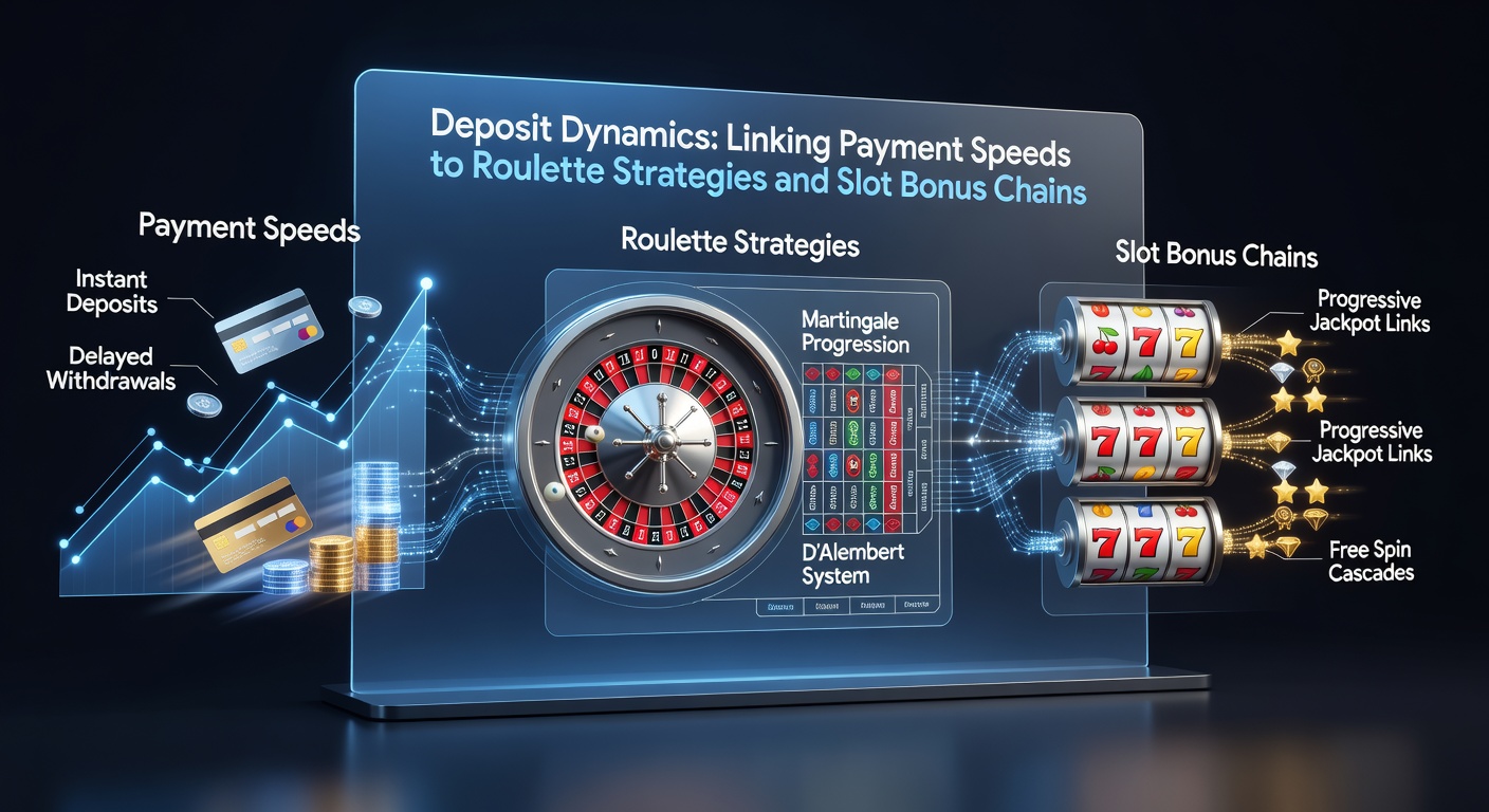 Close-up visualization of slot reels chaining bonus features alongside a roulette table, with speed lines representing rapid deposit flows connecting the two