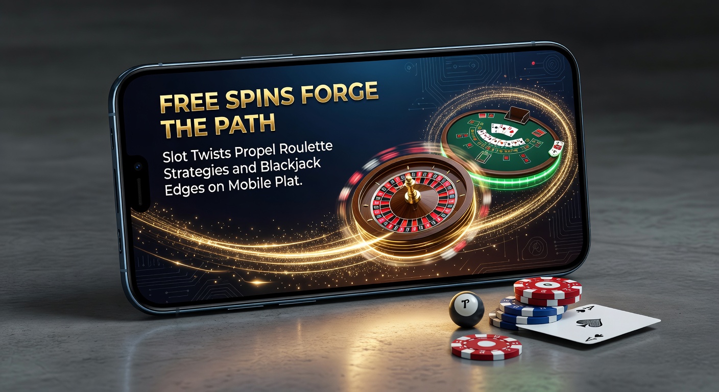 Dynamic split-screen on smartphone displaying slot free spins payout screen flowing into spinning roulette wheel and blackjack hand with ace and ten, highlighting mobile transitions