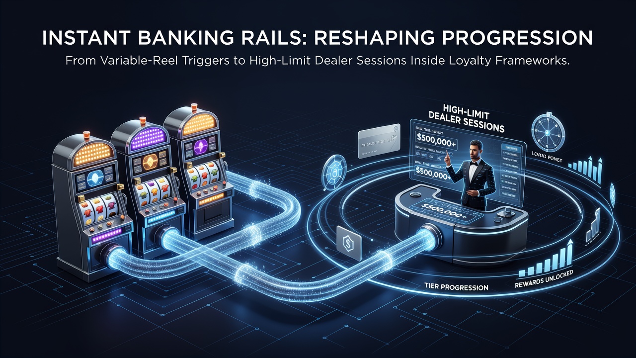 Diagram showing instant banking rails connecting slot game interfaces to live dealer tables within a loyalty program dashboard