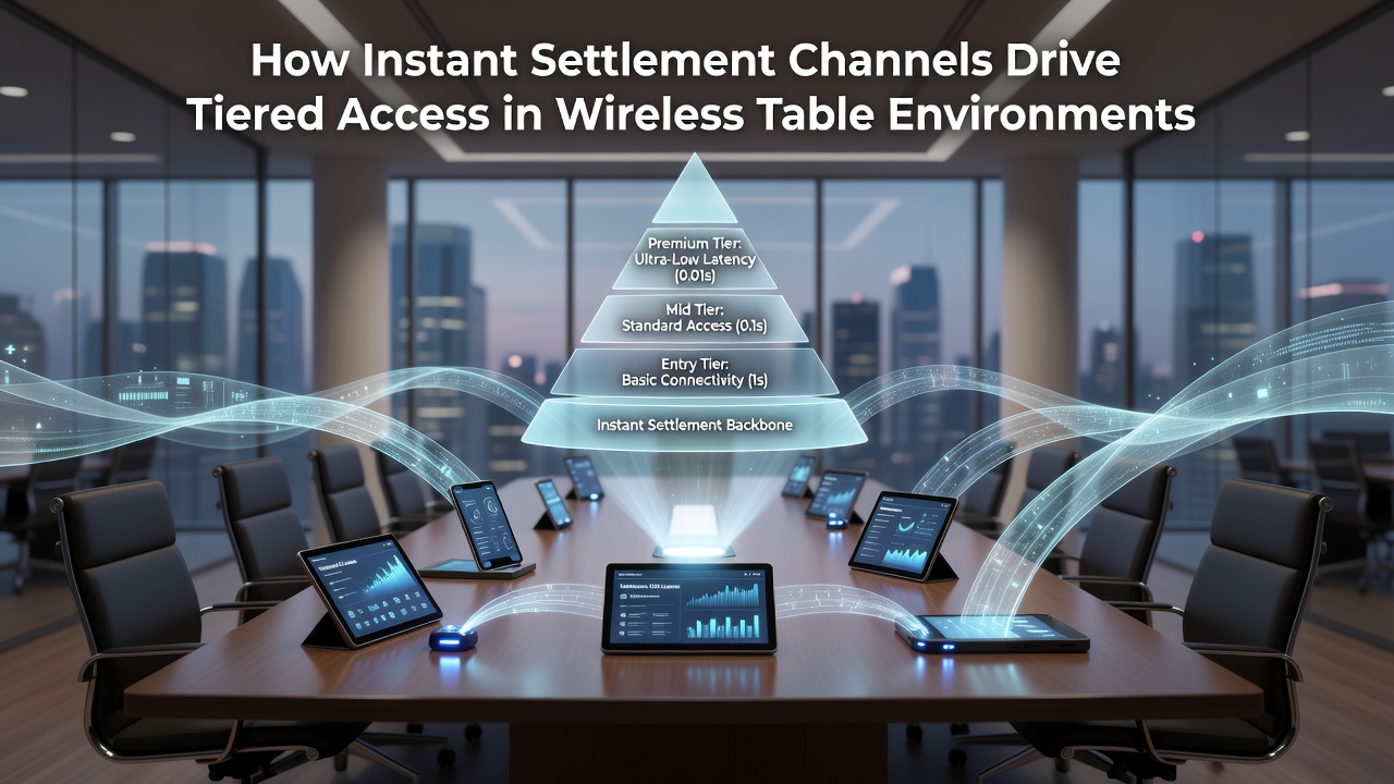 Wireless casino table setup showing digital settlement interfaces and tiered player access indicators
