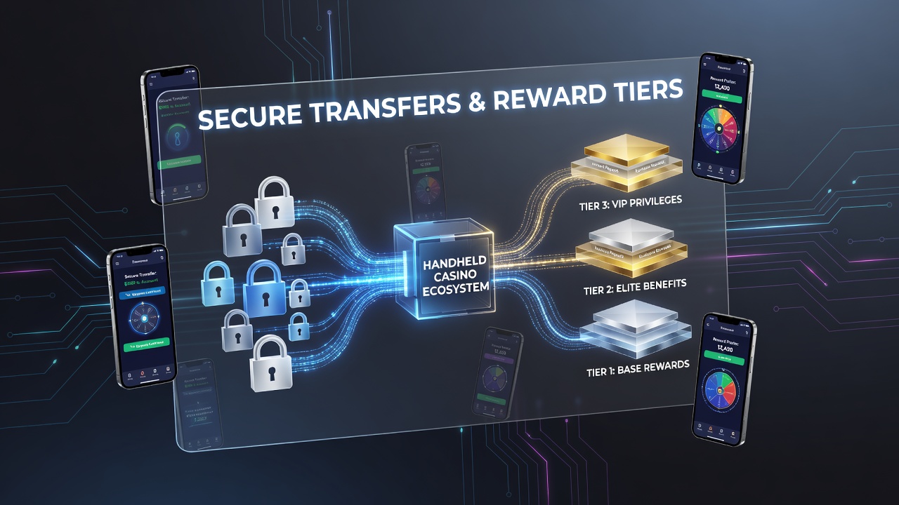 Secure mobile casino transaction interface showing encrypted payment flows and tiered reward indicators on a smartphone screen