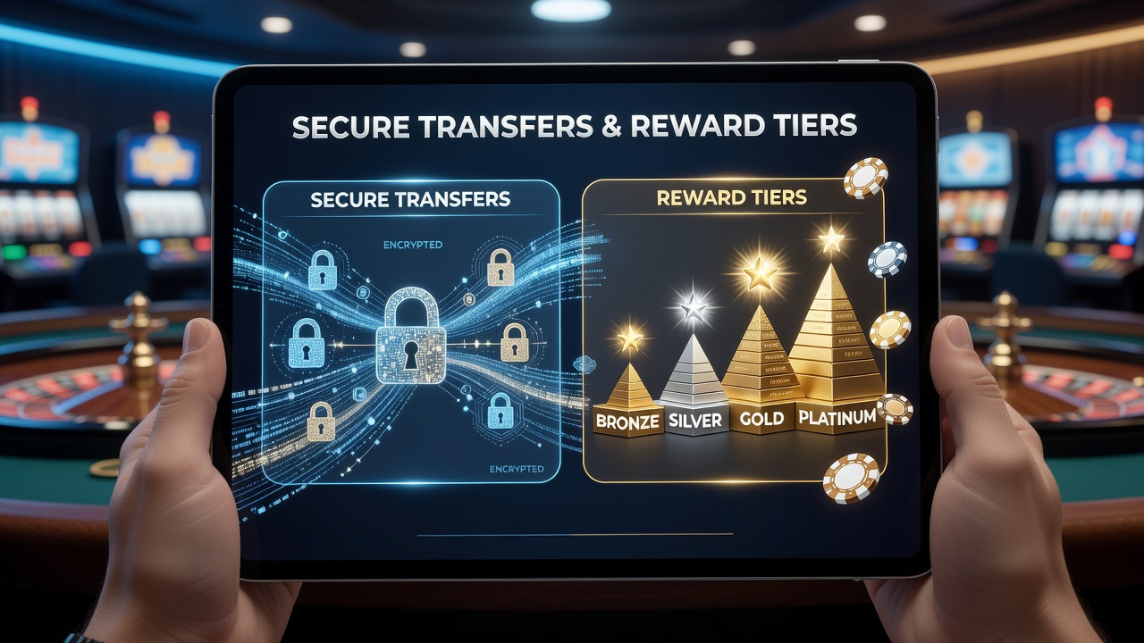 Illustration of mobile casino reward tiers dashboard with secure transfer indicators and loyalty progression metrics