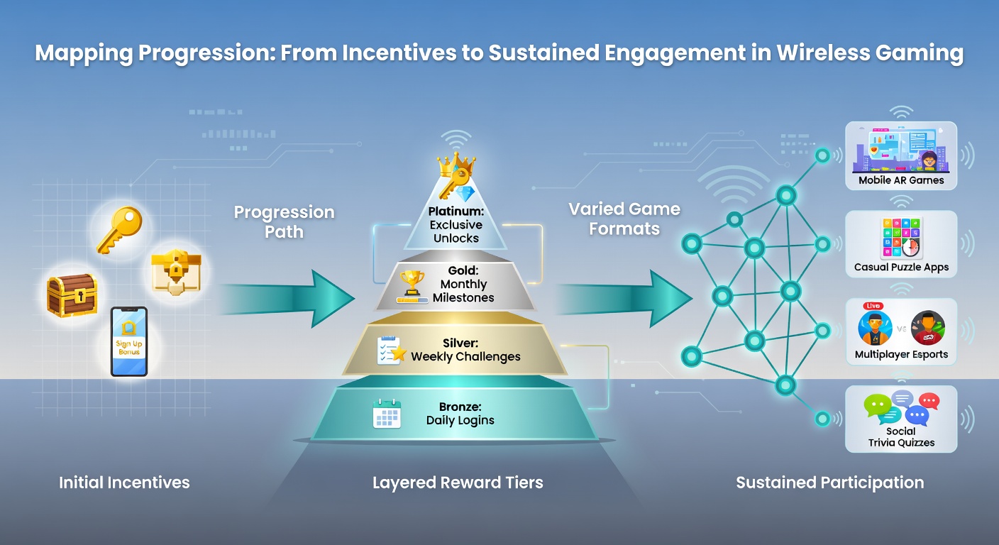 Diagram showing progression from welcome bonuses to multi-level rewards across mobile game types