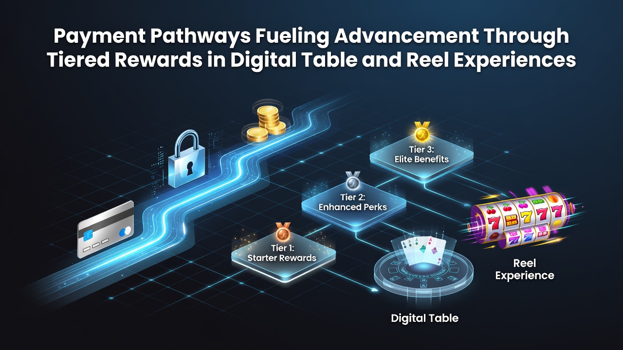 Digital payment interfaces displaying tiered reward progressions for slot reels and live table sessions
