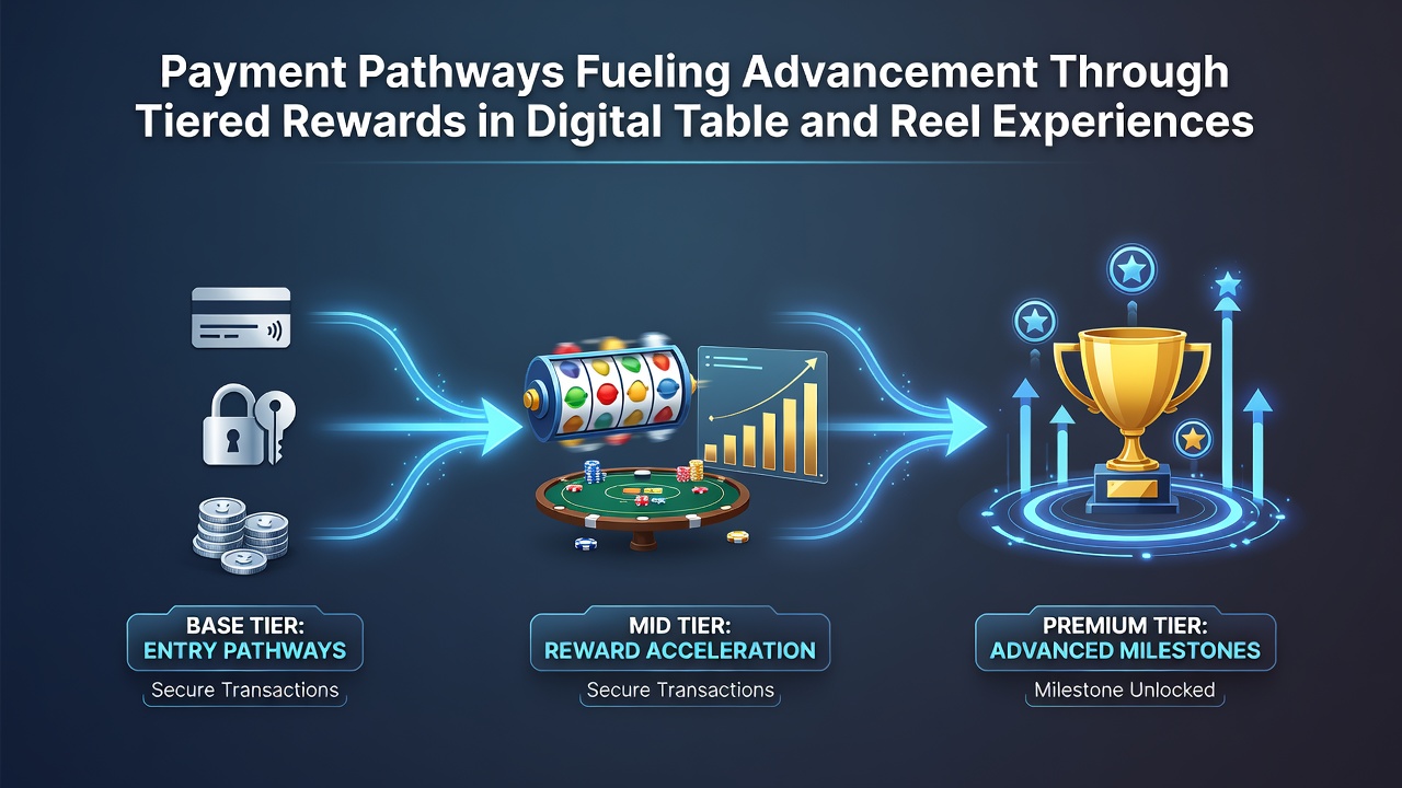 Live dealer table interfaces alongside slot reels showing synchronized tier reward notifications from payment confirmations