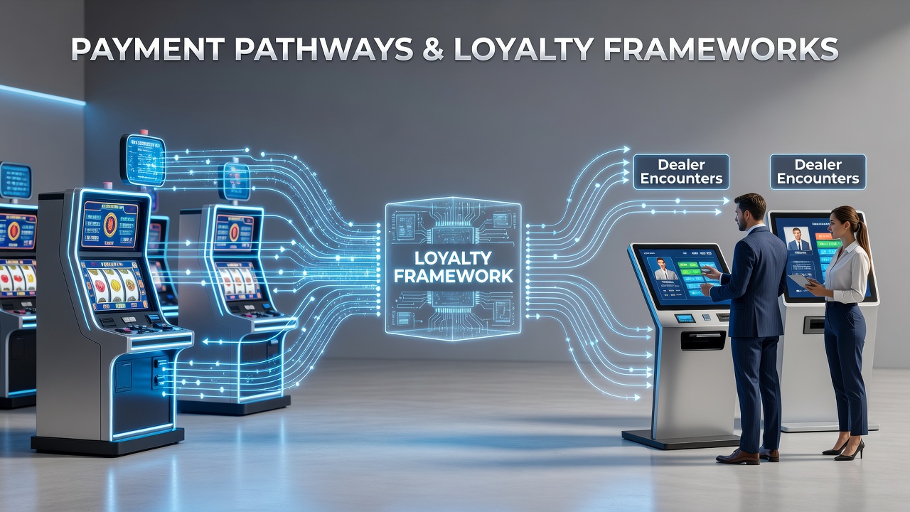 Casino floor view illustrating loyalty card usage at both slot terminals and live dealer stations