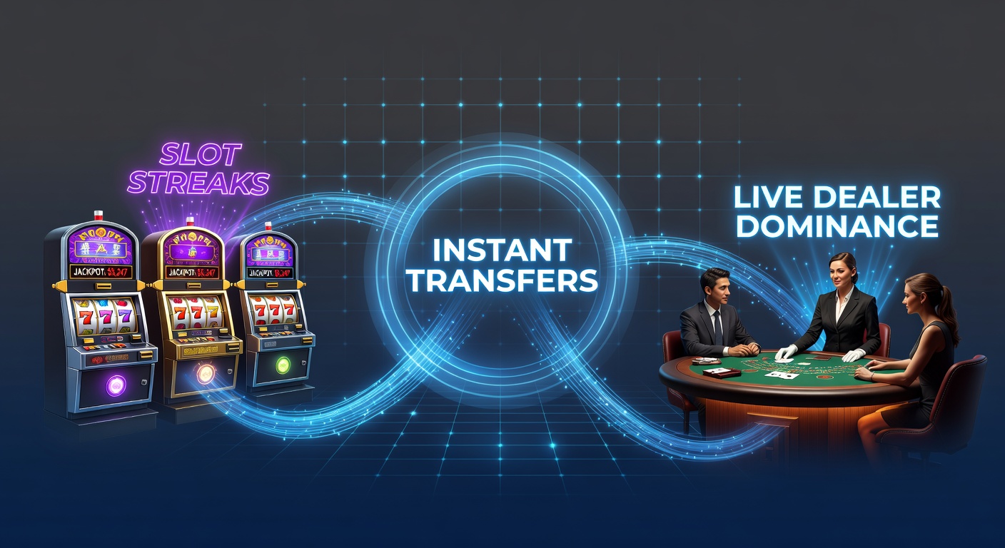 Digital graphic showing rapid payment icons pulsing from slot machines to live dealer tables, symbolizing seamless transitions in online casinos