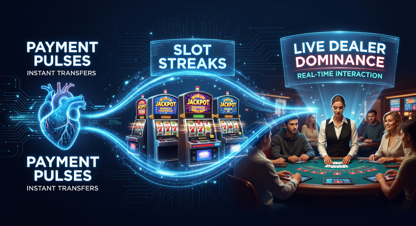 Screenshot of a mobile casino app displaying instant deposit confirmation, slot win notifications transitioning to a live roulette table with pulsing payment animations