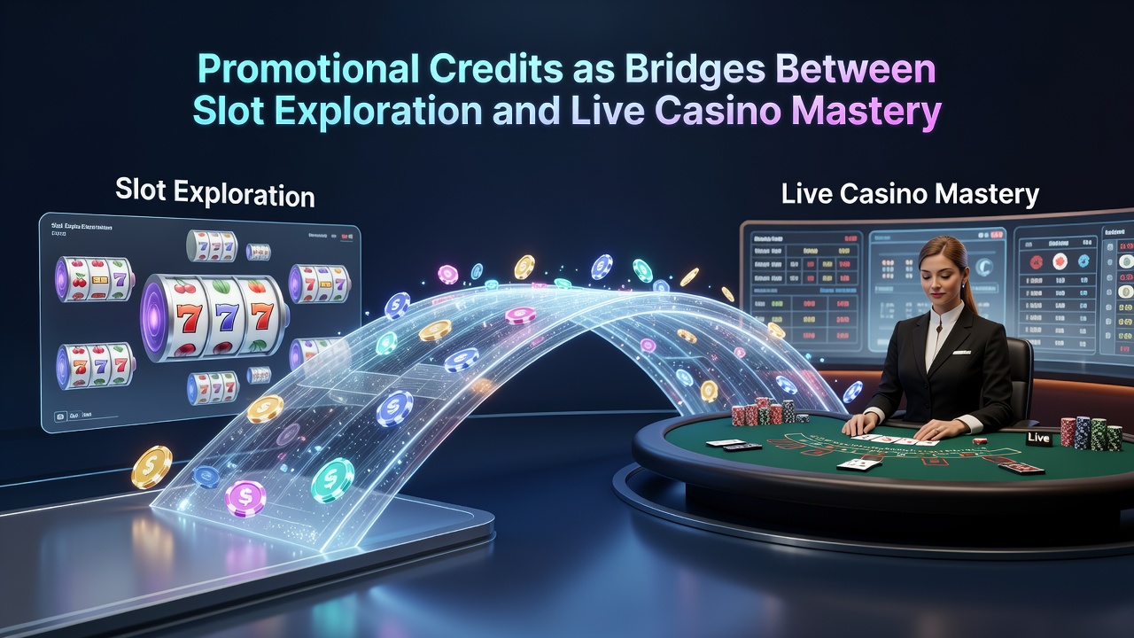 Illustration showing the progression from slot exploration to live casino table mastery via promotional credits