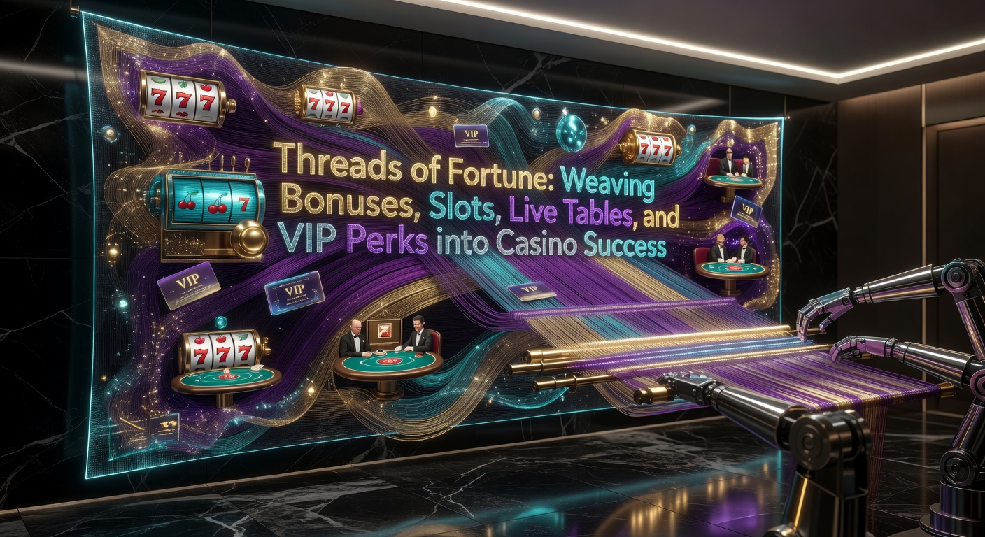 Dynamic display of online casino elements including spinning slots, bonus offers, live dealer tables, and VIP lounge access highlighting interconnected gaming features