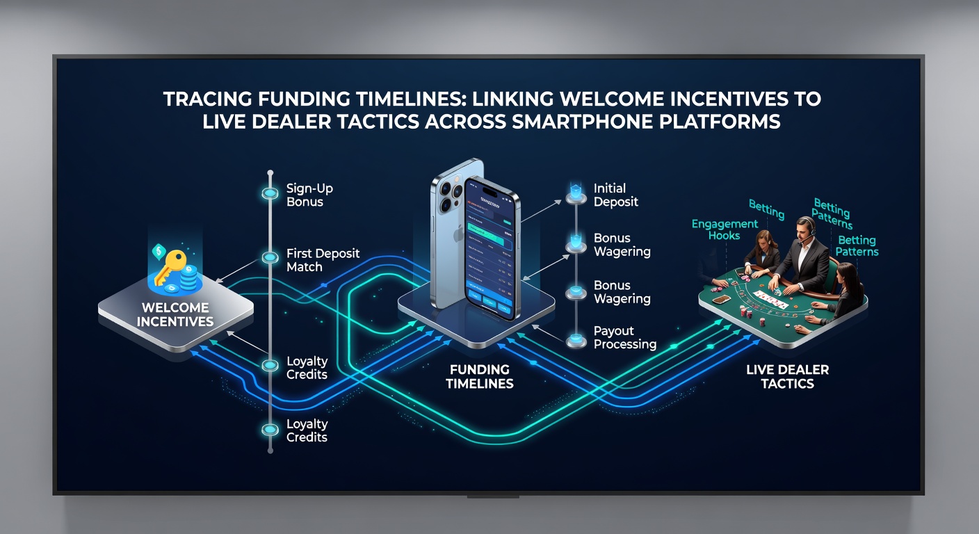Timeline graphic illustrating funding flow from welcome bonus deposit to live dealer session on mobile device