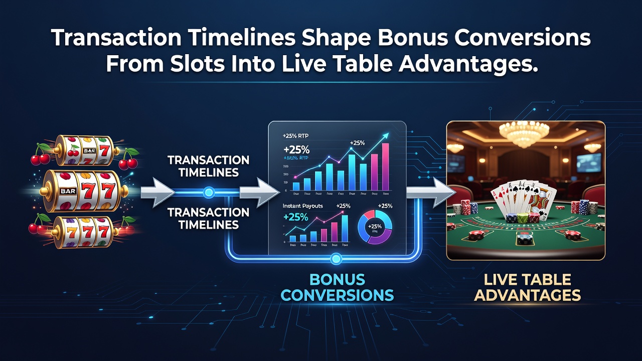 Casino interface showing slot game transitioning to live dealer table with transaction timeline overlay