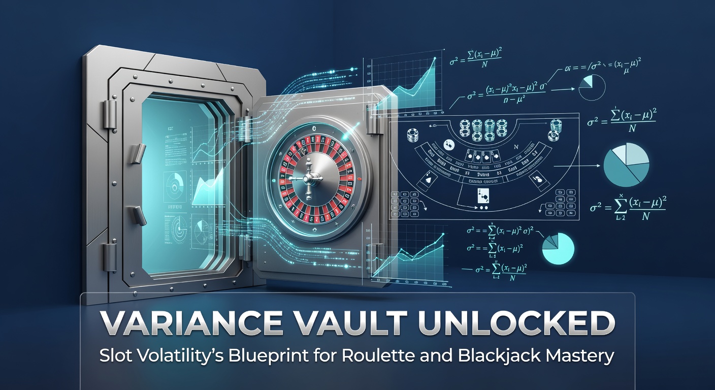 Digital illustration of a vault door cracking open to reveal slot reels intertwined with roulette wheels and blackjack cards, symbolizing volatility strategies across games